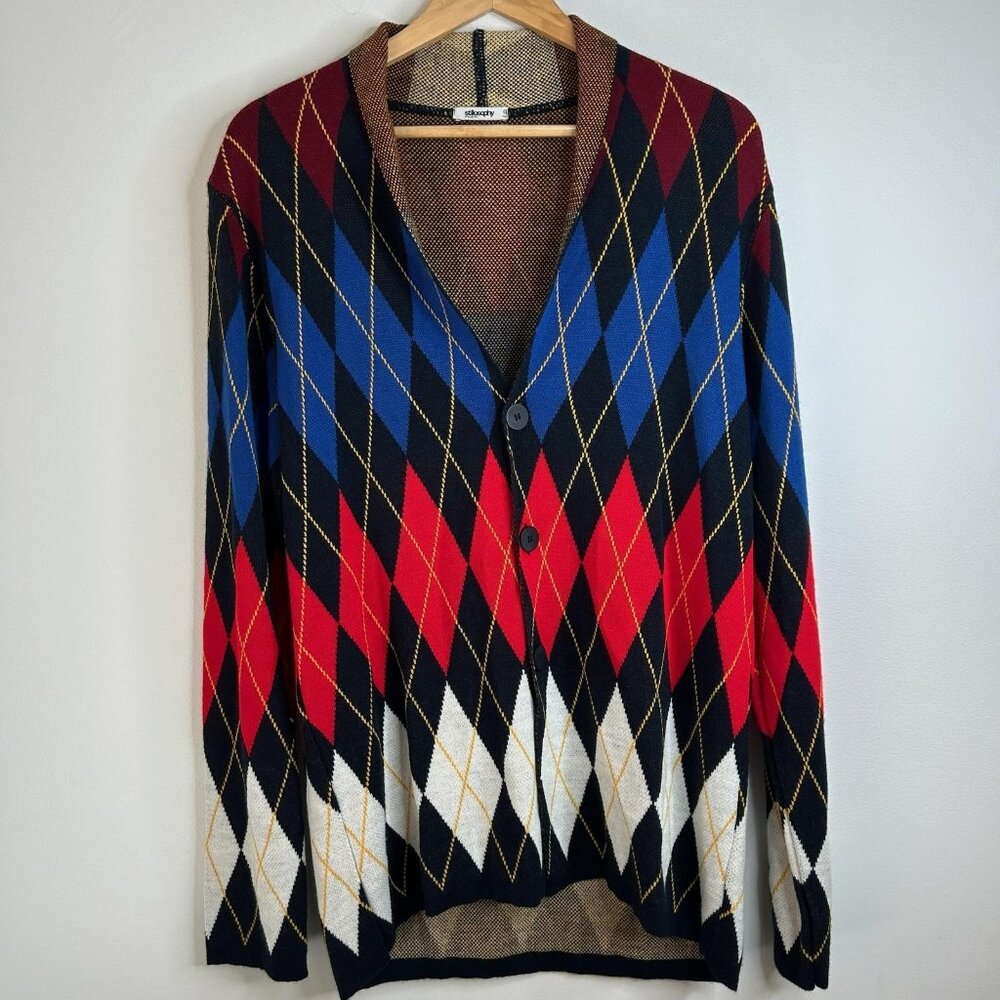 Stilosophy Industry Sweater Mens M/L Argyle Cardigan Wool Made Italy Knit Luxury